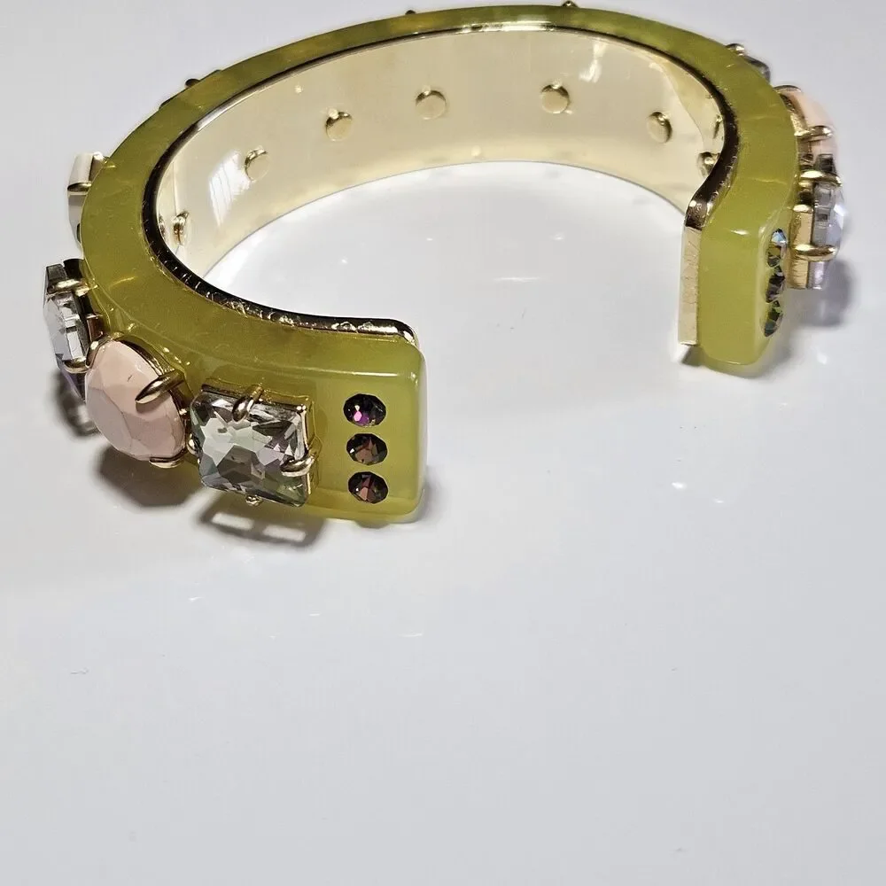 Women’s J. Crew Light Green, Rhinestones Faux Stones Chunky Cuffed Bracelet 6
